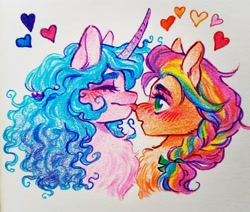 Size: 2048x1738 | Tagged: safe, artist:fruitofwinter, izzy moonbow, sunny starscout, earth pony, pony, unicorn, g5, blushing, duo, duo female, eyes closed, female, heart, horn, lesbian, licking, looking at someone, mane stripe sunny, mare, nose licking, ship:moonscout, shipping, tongue out, traditional art