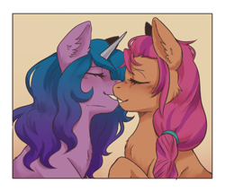 Size: 495x426 | Tagged: safe, artist:zombiepatch, izzy moonbow, sunny starscout, earth pony, unicorn, g5, abstract background, duo, duo female, eyes closed, female, gradient background, horn, kissing, lesbian, mare, passepartout, ship:moonscout, shipping, teeth