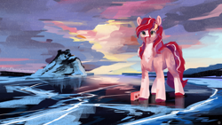 Size: 2560x1440 | Tagged: safe, artist:krapinkaius, oc, oc only, earth pony, pony, brick, cloud, cloudy, earth pony oc, female, female oc, ice, iceberg, looking at you, mare, mare oc, outdoors, sky, solo, standing, sunset, unshorn fetlocks