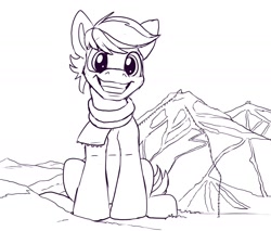 Size: 1498x1274 | Tagged: safe, artist:tsitra360, double diamond, earth pony, pony, g4, clothes, giant earth pony, giant pony, grin, looking at you, macro, male, monochrome, mountain, scarf, sitting, sketch, smiling, solo, stallion