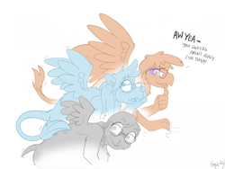 Size: 2214x1664 | Tagged: safe, artist:foxxy-arts, gabby, gallus, gilda, griffon, human, g4, collar, eye clipping through hair, female, female to male, glasses, human to griffon, male, mid-transformation, open mouth, open smile, rule 63, simple background, smiling, spiked collar, sweat, transformation, transgender transformation, trio, white background