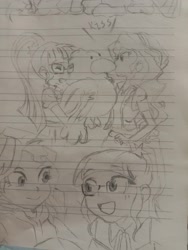 Size: 3120x4160 | Tagged: safe, artist:amin684682, sunset shimmer, twilight sparkle, human, equestria girls, g4, duo, duo female, female, humanized, pencil drawing, photo, plushie, sketch, traditional art