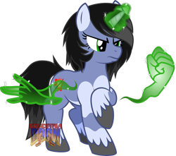 Size: 2915x2580 | Tagged: safe, artist:isaac_pony, oc, oc only, oc:shainer shrapnel shock, pony, unicorn, angry, aura, doom equestria, equestria doom, female, hand, horn, logo, magic, magic aura, magic hands, show accurate, simple background, solo, transparent background, vector