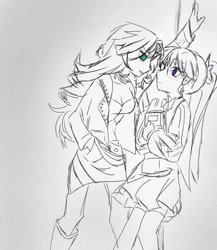 Size: 718x828 | Tagged: safe, artist:amin684682, sunset shimmer, twilight sparkle, human, equestria girls, g4, black and white, duo, duo female, female, gradient background, grayscale, humanized, lesbian, monochrome, ship:sunsetsparkle, shipping, smiling