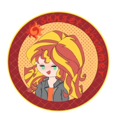 Size: 1071x1148 | Tagged: safe, artist:amin684682, sunset shimmer, human, equestria girls, g4, badge, clothes, female, humanized, jacket, open mouth, open smile, red hair, simple background, smiling, solo, teal eyes, two toned hair, white background, yellow hair