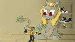 Size: 3840x2160 | Tagged: safe, artist:sewaddle36, oc, oc:flunkerdunk, sphinx, claws, converse, crossover, duo, egyptian, folded wings, gold, graffiti, jet set radio, naruto, sharingan, shoes, tail, trophy, video game crossover, wings