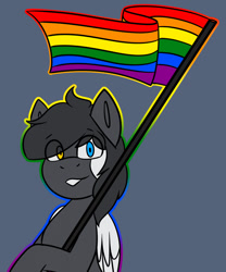 Size: 1067x1280 | Tagged: safe, artist:askhypnoswirl, oc, oc only, oc:cloudy days, pegasus, commission, looking at you, male, pegasus oc, pride, pride flag, simple background, smiling, smiling at you, solo, ych result