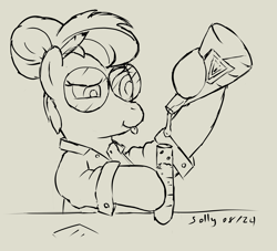 Size: 4233x3836 | Tagged: safe, artist:sollace, oc, oc only, oc:ice quake, earth pony, pony, beaker, clothes, glasses, lab coat, monochrome, pencil, pencil behind ear, science, simple background, solo, test tube, this will end in disaster