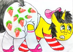 Size: 3554x2527 | Tagged: safe, artist:bitter sweetness, oc, oc only, oc:bitter sweetness, pony, unicorn, abdl, adult foal, bow, clothes, decorated diaper, diaper, diaper fetish, fetish, green eyes, gritted teeth, hair bow, horn, humiliation, lip bite, mary janes, non-baby in diaper, poofy diaper, shoes, simple background, sissy, sissyfication, socks, solo, striped socks, teeth, traditional art, unicorn oc, white background