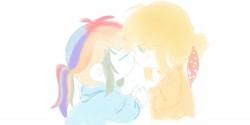 Size: 1095x546 | Tagged: safe, artist:amin684682, applejack, rainbow dash, human, g4, cute, duo, duo female, female, humanized, kissing, lesbian, multicolored hair, rainbow hair, ship:appledash, shipping, side view, simple background, white background