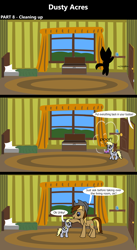 Size: 1920x3516 | Tagged: safe, artist:platinumdrop, derpy hooves, oc, oc:dusty hooves, comic:dusty acres, series:technoverse, g4, 3 panel comic, comic, commission, dialogue, female, filly, foal, happy, head pat, mouth hold, pat, smiling, speech bubble, teleportation, toy, younger