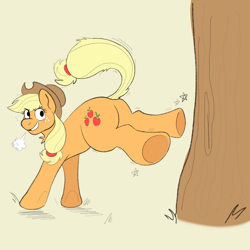 Size: 1920x1920 | Tagged: safe, artist:vendette, applejack, earth pony, pony, g4, applebucking, applebutt, breath, bucking, butt, cream background, emanata, eye clipping through hair, female, grin, looking at you, looking back, looking back at you, mare, no iris, outdoors, plot, simple background, smiling, smiling at you, solo, stars, sweat, sweatdrops, tree, underhoof