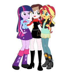 Size: 3000x3000 | Tagged: safe, artist:nie-martw-sie-o-mnie, sunset shimmer, twilight sparkle, oc, oc:captain becky ray shoichet, alicorn, human, star trek: sunset shimmer, equestria girls, g4, my little pony equestria girls: better together, boots, clothes, commission, commissioner:jrshinkansenhorse, crossover, friendship games outfit, hug, hug from behind, leg warmers, shoes, simple background, star trek, starfleet, starfleet uniform, time travel, transparent background, twilight sparkle (alicorn)