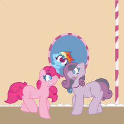 Size: 720x720 | Tagged: safe, artist:not-important, pinkie pie, rainbow dash, oc, oc:raspberry ricochet, earth pony, pony, g4, female, looking at each other, looking at someone, trio