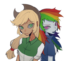 Size: 1934x1658 | Tagged: safe, artist:nimingxiwang168, applejack, rainbow dash, human, equestria girls, g4, bust, duo, duo female, female, human female, multicolored hair, simple background, white background