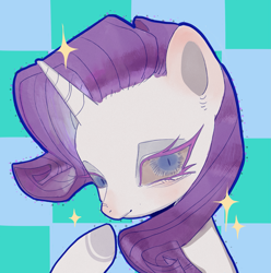 Size: 1953x1967 | Tagged: safe, artist:nimingxiwang168, rarity, pony, unicorn, g4, bust, checkered background, female, horn, looking at you, mare, portrait, raised hoof, solo