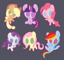 Size: 3162x2966 | Tagged: safe, artist:nimingxiwang168, applejack, fluttershy, pinkie pie, rainbow dash, rarity, twilight sparkle, earth pony, pegasus, pony, unicorn, g4, chibi, cute, dashabetes, diapinkes, gray background, horn, jackabetes, lineless, mane six, raribetes, shyabetes, simple background, twiabetes, unicorn twilight