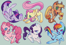 Size: 3271x2251 | Tagged: safe, artist:nimingxiwang168, applejack, fluttershy, pinkie pie, rainbow dash, rarity, twilight sparkle, earth pony, pegasus, pony, unicorn, g4, cute, dashabetes, diapinkes, female, group, horn, jackabetes, lying down, mane six, mare, on back, open mouth, open smile, raribetes, shyabetes, simple background, smiling, teal background, twiabetes, unicorn twilight