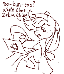 Size: 575x660 | Tagged: safe, artist:anonymous, applejack, pony, g4, /bale/, applejack's hat, comic, computer, cowboy hat, doodle, female, hat, implied zebra, laptop computer, lineart, logo, looking at something, mare, mispronunciation, monochrome, one-panel comic, open mouth, simple background, solo, ubuntu, white background