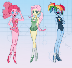 Size: 2291x2179 | Tagged: safe, artist:nimingxiwang168, fluttershy, pinkie pie, rainbow dash, human, g4, belly, belly button, clothes, female, leotard, slender, thin, trio, trio female