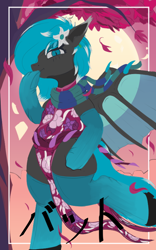 Size: 500x800 | Tagged: safe, artist:higherarch, oc, oc only, oc:lucia, bat pony, pony, bat ears, bat wings, bipedal, bipedal leaning, blushing, border, clothes, colored, dress, ear fluff, eyeshadow, flat colors, flower, flower in hair, hoof over mouth, japanese, leaf, leaning, leaves, looking at you, looking down, looking down at you, makeup, moon, poster, running, scarf, see-through, shoes, slit pupils, socks, solo, spread wings, stockings, striped scarf, stylized, text, thigh highs, tree, wind, wings