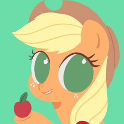 Size: 2048x2048 | Tagged: safe, artist:nimingxiwang168, applejack, earth pony, pony, g4, apple, apple eyes, bust, food, green background, grin, portrait, simple background, smiling, solo, wingding eyes