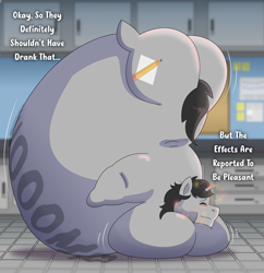 Size: 2500x2584 | Tagged: safe, artist:brushwork, oc, oc:greyline, pony, unicorn, belly, belly bed, breast expansion, breasts, chestbreasts, eyes closed, growth, horn, impossibly large belly, inflation, onomatopoeia, solo