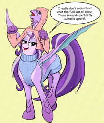 Size: 923x1089 | Tagged: safe, artist:menagerie, oc, oc only, oc:chiffon, oc:mica, dracony, dragon, hybrid, unicorn, anthro, abomination, backless, belly face, chest face, clothes, conjoined, dragoness, dragonified, female, fusion, hoodie, horn, not salmon, open-back sweater, sleeveless, sleeveless sweater, species swap, sweater, tail, virgin killer sweater, wat, we have become one