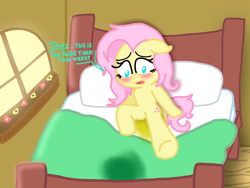 Size: 1440x1080 | Tagged: safe, artist:heeheemans25, fluttershy, pegasus, pony, semi-anthro, g4, bed, bed hair, bedwetting, blushing, embarrassed, fetish, fluttershy's cottage, fluttershy's cottage (interior), solo, urine, watersports, wetting, window