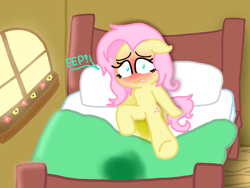 Size: 1440x1080 | Tagged: safe, artist:heeheemans25, fluttershy, pegasus, semi-anthro, g4, bed, bed hair, bedwetting, caught, eep, embarrassed, fetish, floppy ears, fluttershy's cottage, fluttershy's cottage (interior), pissing, scared, solo, urine, watersports, wetting, window