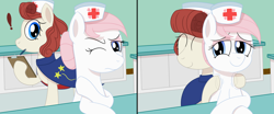 Size: 6000x2500 | Tagged: safe, artist:mariculture, nurse neightingale, nurse redheart, earth pony, pony, g4, clipboard, duo, exclamation point, female, hat, mare, massage, nurse, nurse hat, ponerpics import, wince