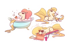 Size: 1193x802 | Tagged: safe, artist:probablyfakeblonde, oc, oc only, earth pony, pony, bathing, bathtub, bubble bath, claw foot bathtub, female, hat, makeup, mare, pointy ponies, ponysona, rubber duck, shower cap, simple background, solo, sunbathing, sunglasses, tail, wet, wet tail, white background