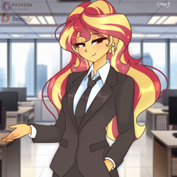 Size: 4000x4000 | Tagged: safe, artist:xjenn9, sunset shimmer, human, equestria girls, g4, business suit, clothes, female, necktie, office, office lady, solo, suit