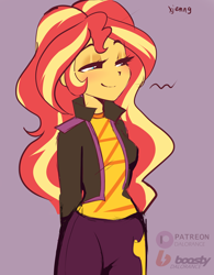 Size: 2000x2568 | Tagged: safe, artist:xjenn9, sunset shimmer, human, equestria girls, g4, blushing, clothes, cute, female, hands behind back, high res, jacket, lavender background, lidded eyes, music festival outfit, shimmerbetes, signature, simple background, smiling, solo, watermark