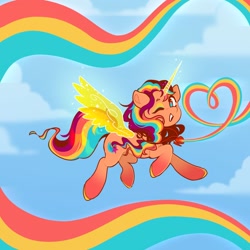 Size: 1280x1280 | Tagged: safe, artist:afrayedfox, sunny starscout, alicorn, pony, g5, blush scribble, blushing, female, flying, jewelry, mane stripe sunny, mare, necklace, no pupils, one eye closed, rainbow of light, sky, solo, wink