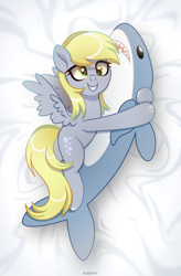 Size: 1830x2795 | Tagged: safe, artist:scarffist, derpy hooves, pegasus, pony, shark, g4, base artist:dianamur, base used, blonde, blonde hair, blonde mane, blonde tail, blåhaj, body pillow, cute, gritted teeth, happy, hug, long hair, long mane, long tail, lying down, pillow, pillow hug, plushie, shark plushie, shiny hooves, smiling, solo, tail, teeth, toy, wings, yellow eyes