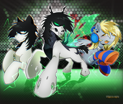 Size: 2348x1987 | Tagged: safe, artist:hbmv4n, oc, oc only, oc:shade, changeling, pegasus, pony, g4, black mane, black tie, changeling oc, chitin, clothes, collared shirt, complex background, dark aero, derp, digital art, digital painting, disguise, disguised changeling, ear piercing, ear plugs, gauges, gray coat, halftone, headphones, leg warmers, multiple variants, pegasus oc, piercing, screentone, shirt, socks, striped socks, tail, white coat, yellow mane, yellow tail