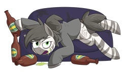 Size: 2504x1416 | Tagged: safe, artist:moonatik, oc, oc only, oc:zarishat zeirutid, zebra, equestria at war mod, alcohol, beer, beer bottle, bottle, clothes, commission, drink, drinking, drunk, female, hair bun, jacket, lying down, mare, simple background, solo, transparent background, zebra oc