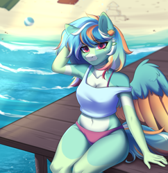 Size: 2000x2070 | Tagged: safe, artist:alunedoodle, oc, oc only, pegasus, anthro, beach, belly, belly button, breasts, cleavage, clothes, ear piercing, earring, female, hairclip, jewelry, looking at you, midriff, outdoors, partially open wings, pier, piercing, shirt, short shirt, sitting, smiling, smiling at you, solo, swimsuit, water, wings