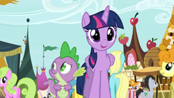 Size: 1366x768 | Tagged: safe, screencap, carrot top, daisy, flower wishes, golden harvest, lemon hearts, lucky clover, lucy packard, octavia melody, sassaflash, spike, twilight sparkle, alicorn, dragon, earth pony, pony, g4, season 8, yakity-sax, female, mare, market, ponyville, twilight sparkle (alicorn)