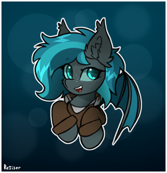 Size: 1450x1500 | Tagged: safe, artist:rejiser, oc, oc only, bat pony, pony, bat wings, chest fluff, clothes, cute, ear fluff, fangs, female, gradient background, open mouth, smiling, solo, wings