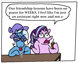 Size: 1662x1343 | Tagged: safe, artist:punkittdev, starlight glimmer, trixie, pony, unicorn, g4, bubble tea, comic panel, complaining, dexterous hooves, dialogue, drink, duo, duo female, female, figurine, gundam, hoof hold, horn, implied twilight sparkle, mare, narrowed eyes, simple background, tongue out, white background