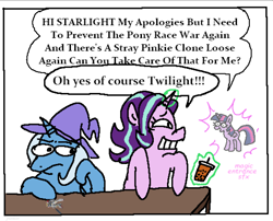 Size: 1662x1343 | Tagged: safe, artist:punkittdev, starlight glimmer, trixie, twilight sparkle, alicorn, pony, unicorn, g4, bubble tea, comic panel, dialogue, drink, female, figurine, frown, grin, gundam, horn, levitation, magic, mare, simple background, smiling, speech bubble, telekinesis, teleportation, trio, trio female, twilight sparkle (alicorn), white background