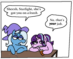 Size: 1662x1343 | Tagged: safe, artist:punkittdev, starlight glimmer, trixie, pony, unicorn, g4, bubble tea, comic panel, dialogue, drink, duo, duo female, female, figurine, freudian slip, gundam, hoof hold, horn, implied lesbian, implied shipping, implied startrix, lidded eyes, mare, simple background, white background