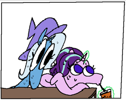 Size: 1662x1343 | Tagged: safe, artist:punkittdev, starlight glimmer, trixie, pony, unicorn, g4, big eyes, bubble tea, comic panel, dialogue, drink, drinking, duo, duo female, female, glowing, glowing horn, hoof hold, horn, implied lesbian, implied shipping, implied startrix, levitation, looking away, magic, mare, nervous sweat, no pupils, simple background, sweat, telekinesis, white background