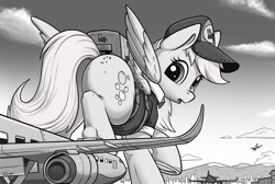 Size: 2000x1340 | Tagged: safe, artist:tsitra360, derpy hooves, pegasus, pony, g4, airport, background pony, black and white, butt, cap, city, clothes, delivery pony, female, giant pegasus, giant pony, giantess, grayscale, hat, looking back, macro, mare, monochrome, open mouth, plane, plot, solo, uniform