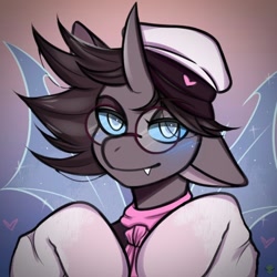 Size: 1000x1000 | Tagged: safe, artist:namelessplaza, oc, oc only, oc:rosie clockwork, changeling, bust, clothes, glasses, gradient background, hat, horn, male, one ear down, portrait, socks, solo, wings