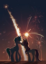 Size: 1535x2132 | Tagged: safe, artist:hichieca, oc, oc only, earth pony, unicorn, cute, duo, duo male and female, female, fireworks, horn, kissing, male, mare, night, oc x oc, shipping, stallion, straight