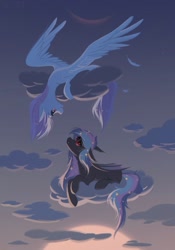 Size: 1185x1697 | Tagged: safe, artist:hichieca, oc, oc only, oc:silver lightning, oc:stellar wind, bat pony, pegasus, bat pony oc, cloud, duo, ethereal mane, happy, looking at each other, looking at someone, lying down, lying on a cloud, on a cloud, pegasus oc, starry mane, twilight (astronomy), upside down