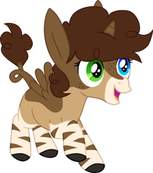 Size: 1413x1600 | Tagged: safe, artist:fillyfool, oc, oc only, oc:flip flop, alicorn, donkey, hybrid, mule, zebra, zebroid, zonkey, alicorn oc, blaze (coat marking), brown body, brown mane, coat markings, curly mane, donkey ears, eyelashes, facial markings, female, filly, foal, freckles, heterochromia, hooves, horn, hybrid oc, leg stripes, leonine tail, long ears, magic, mealy mouth (coat marking), open mouth, raised hoof, simple background, smiling, socks (coat markings), solo, stripes, tail, transparent background, vector, wings